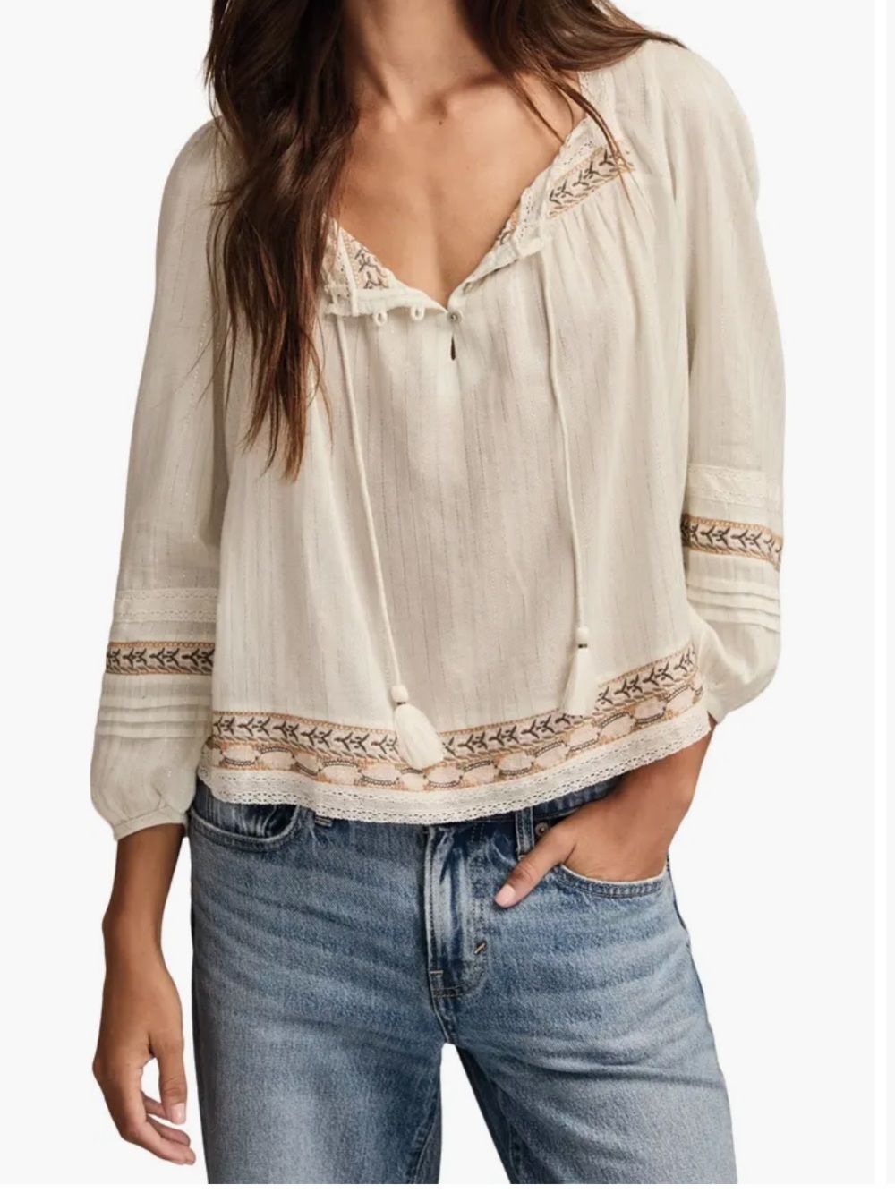 Lucky Brand Metallic Stripe Embroidered Cotton Peasant Top - Picture 5 of 6
